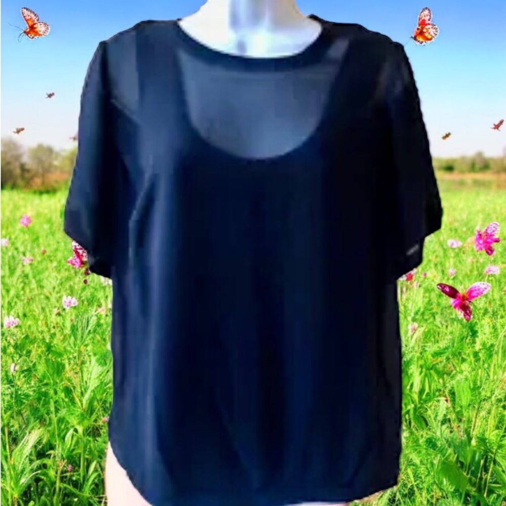 BCBG Max Azria Black Silk Blouse Layered Sheer Knit Trim Scoop Top Hand Wash